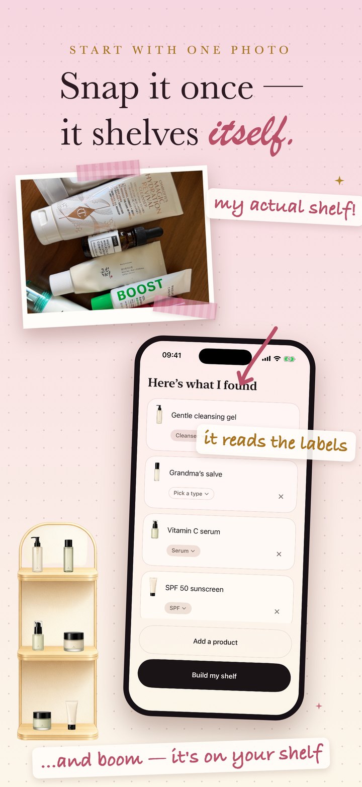 Snap it once — the shelf builds itself from a photo of your products